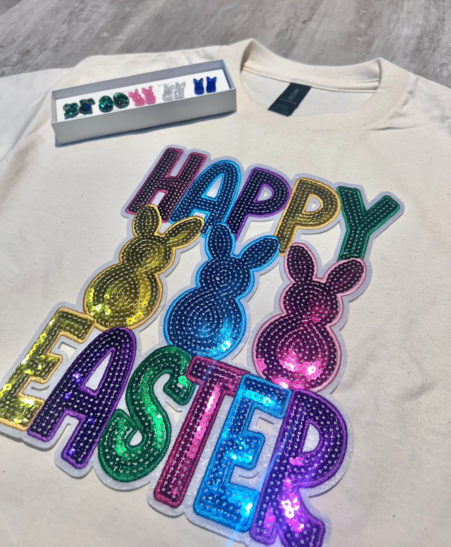 Sequin Happy Easter with Bunnies Patch